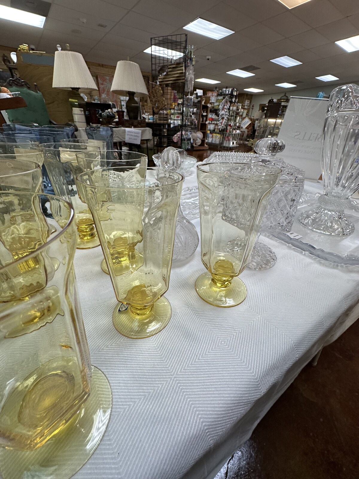 Consignment glassware display at Triangle Trading Post