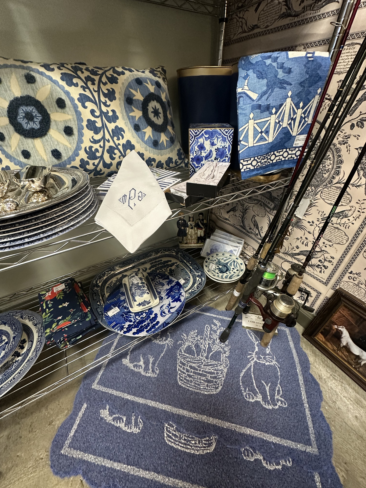 Blue patterned decor and tabletop pieces in the Maria Prather Designs booth