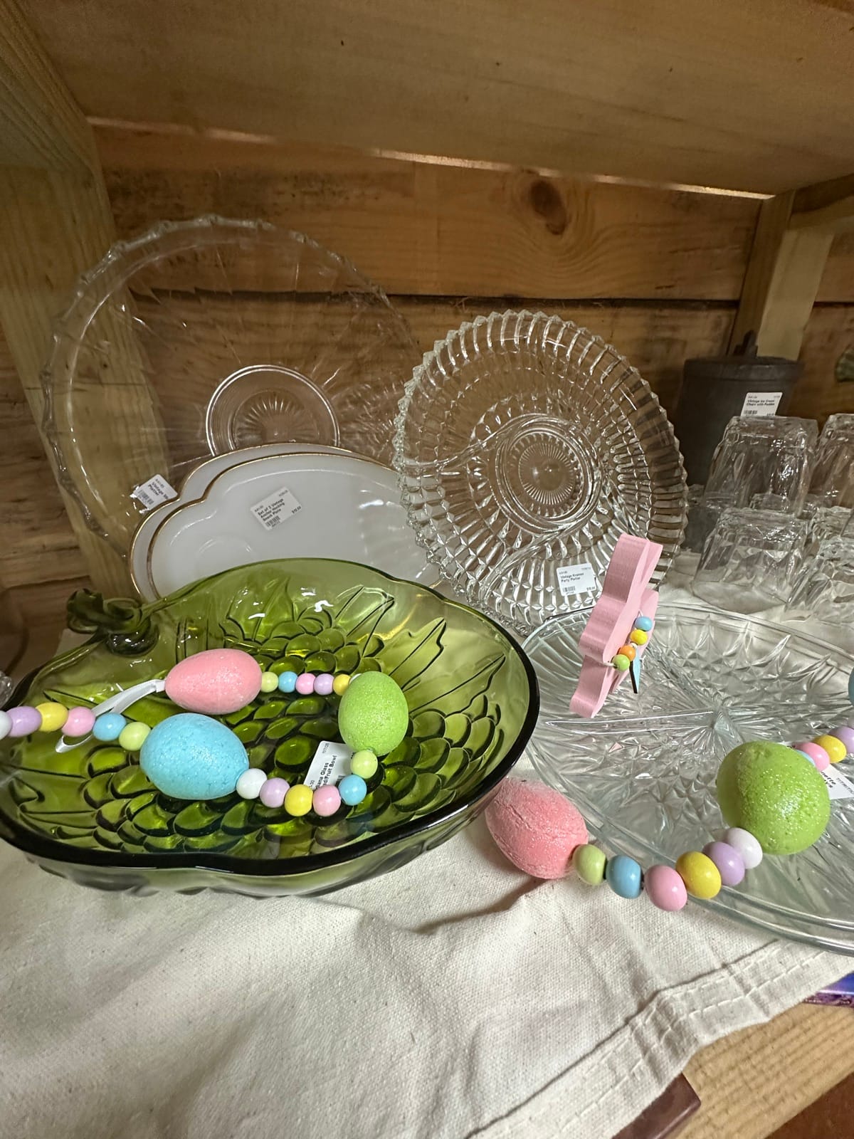 Crystal dishes and colorful decorative accents at Amy's Attic
