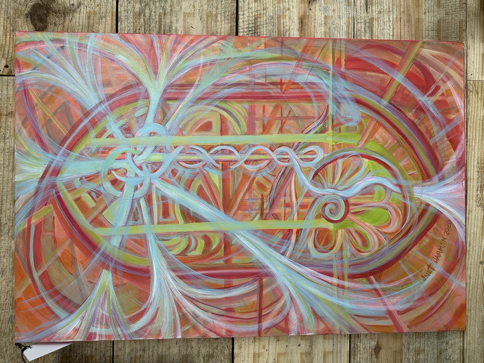Colorful abstract painting with flowing lines in warm tones by Art by JNet