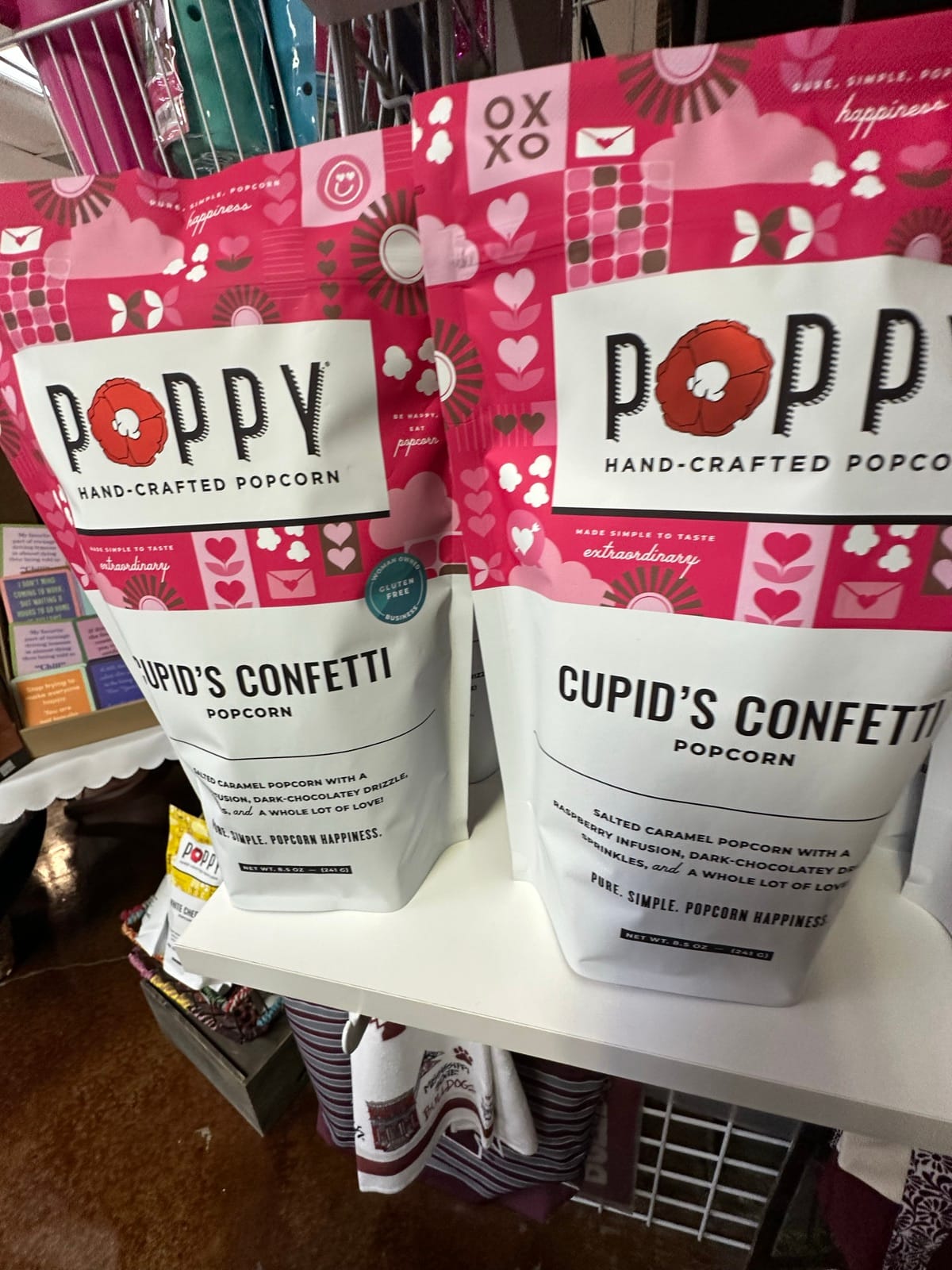 Poppy hand-crafted popcorn in seasonal Valentine's packaging