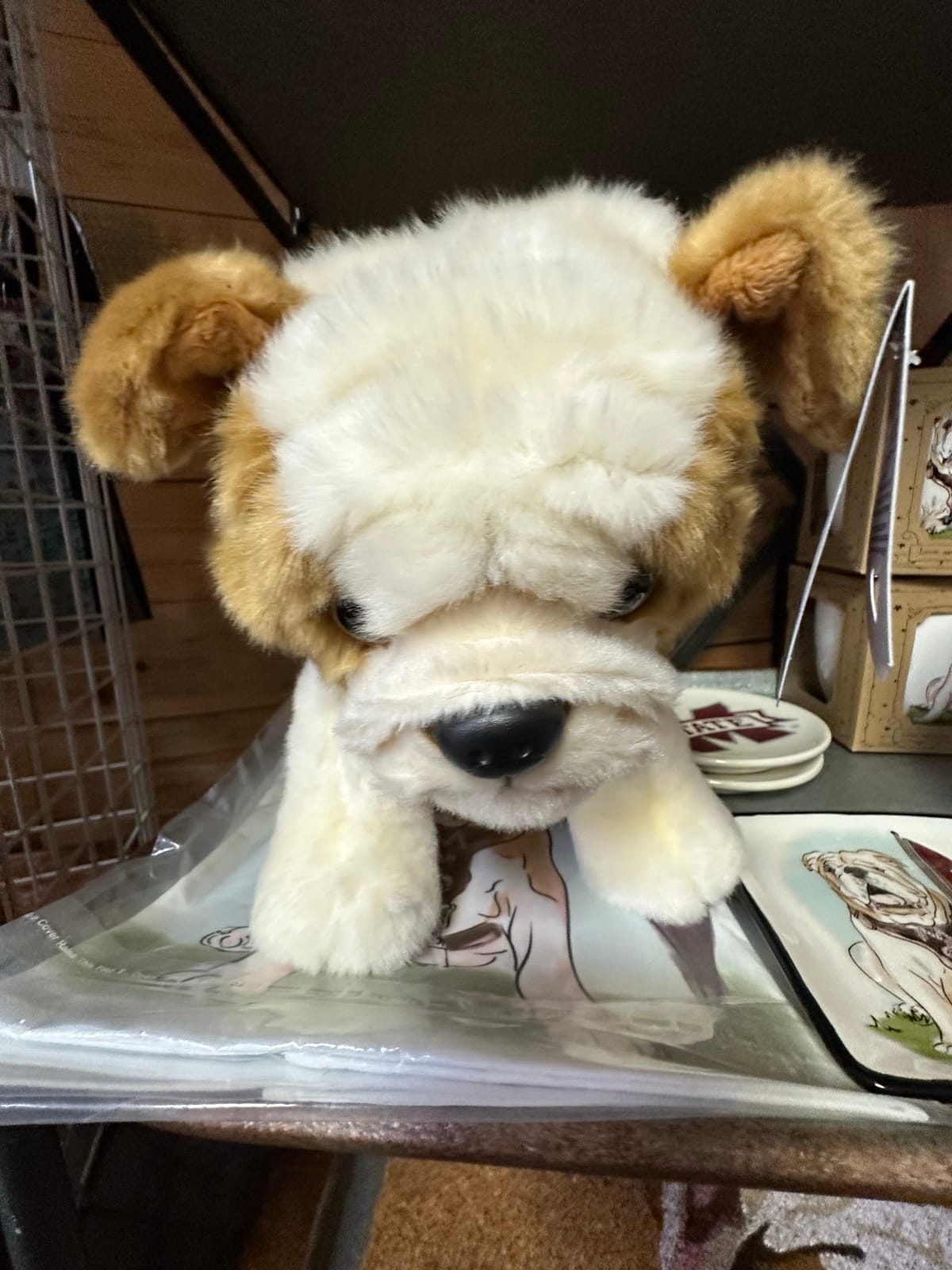 Plush bulldog and decorative plates with nature prints