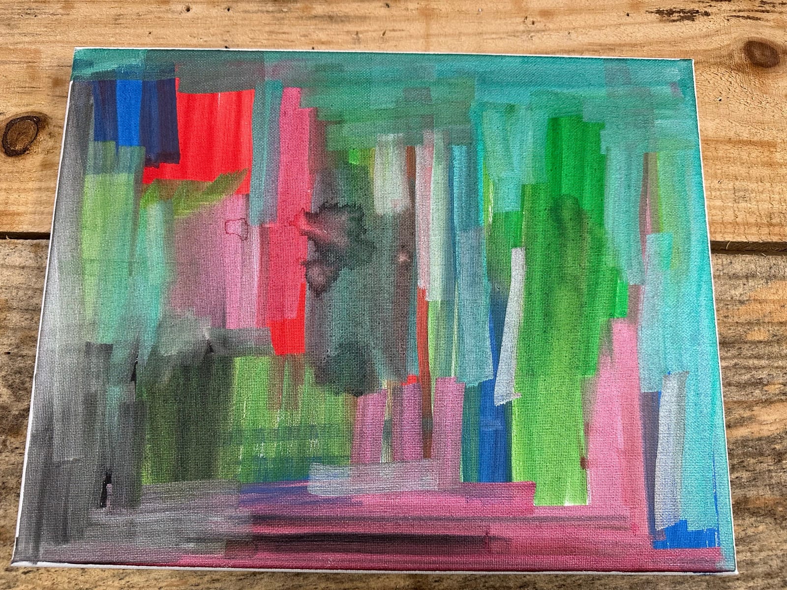 Colorful abstract painting with bold blocks of green, pink, red, and blue by Dime