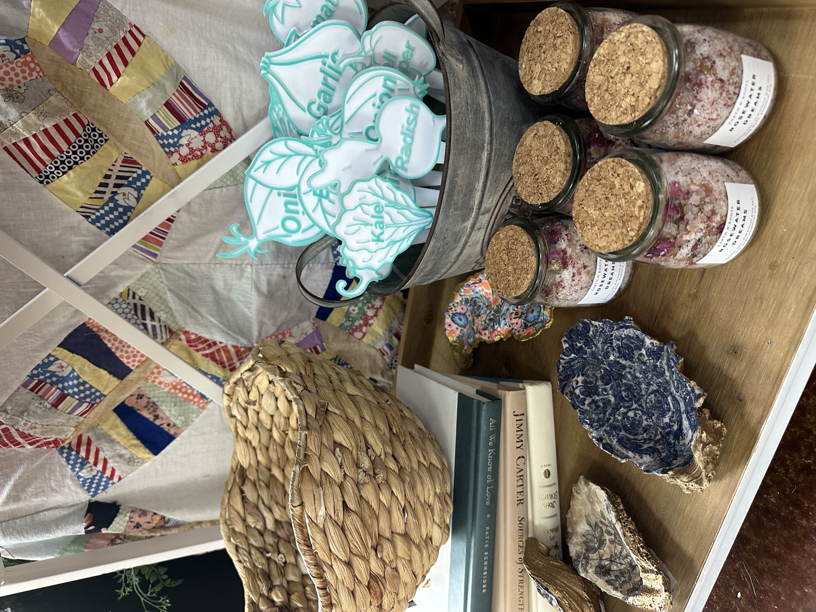 Bath salts in cork-top jars, woven goods, and natural products