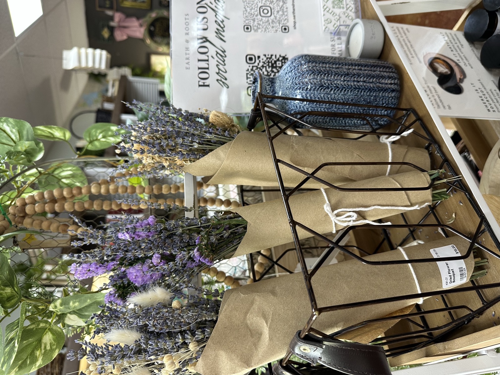 Dried lavender bundles and natural home goods display