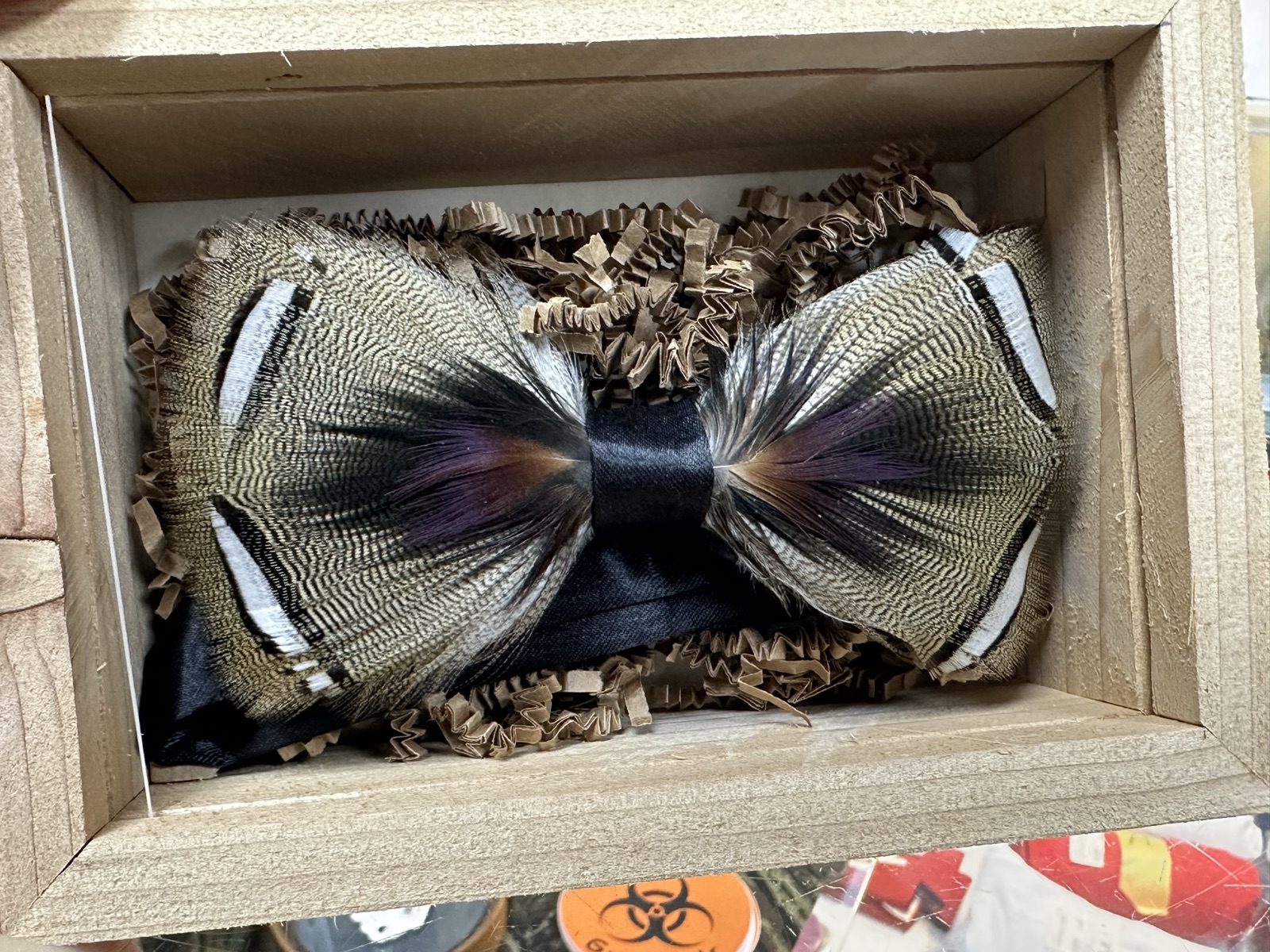 Handmade feather bow tie with natural brown and purple plumage in a wooden gift box