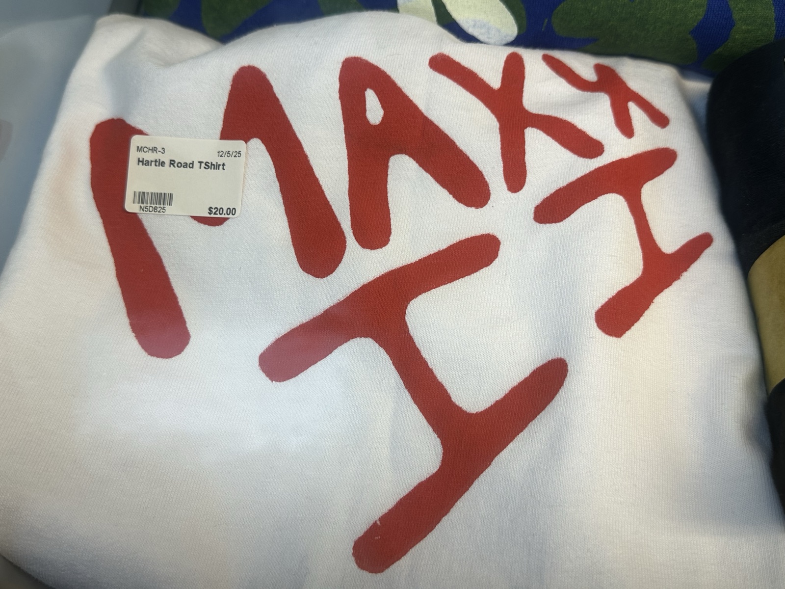 White Hartleroad t-shirt with Maxx design in red lettering