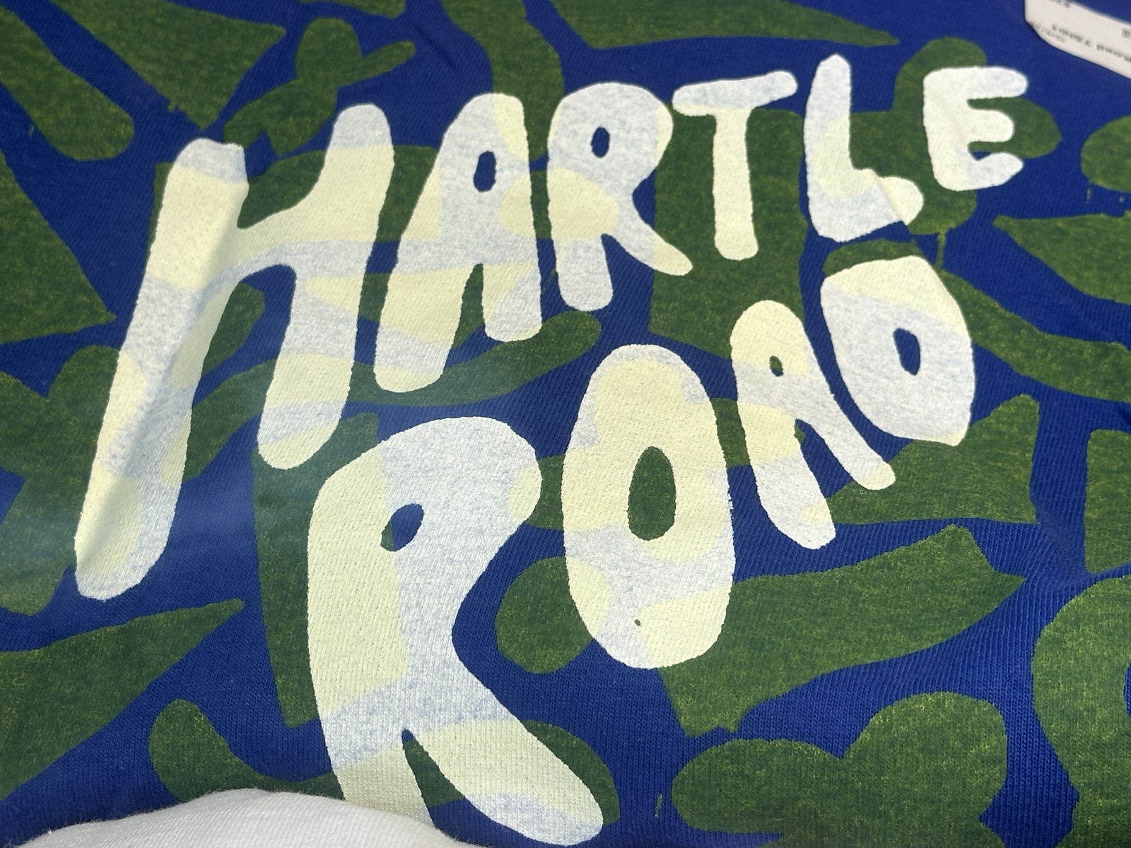 Hartleroad band t-shirt in blue and green with hand-lettered design