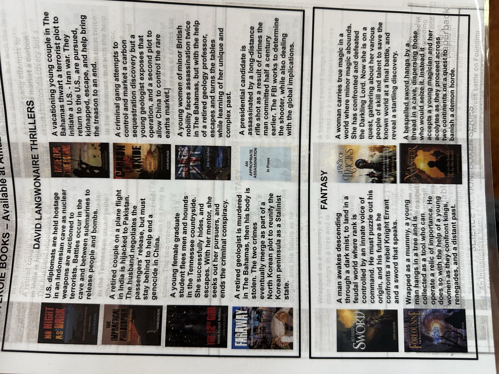 Book catalog sheet showing John Mylroie thriller and fantasy series