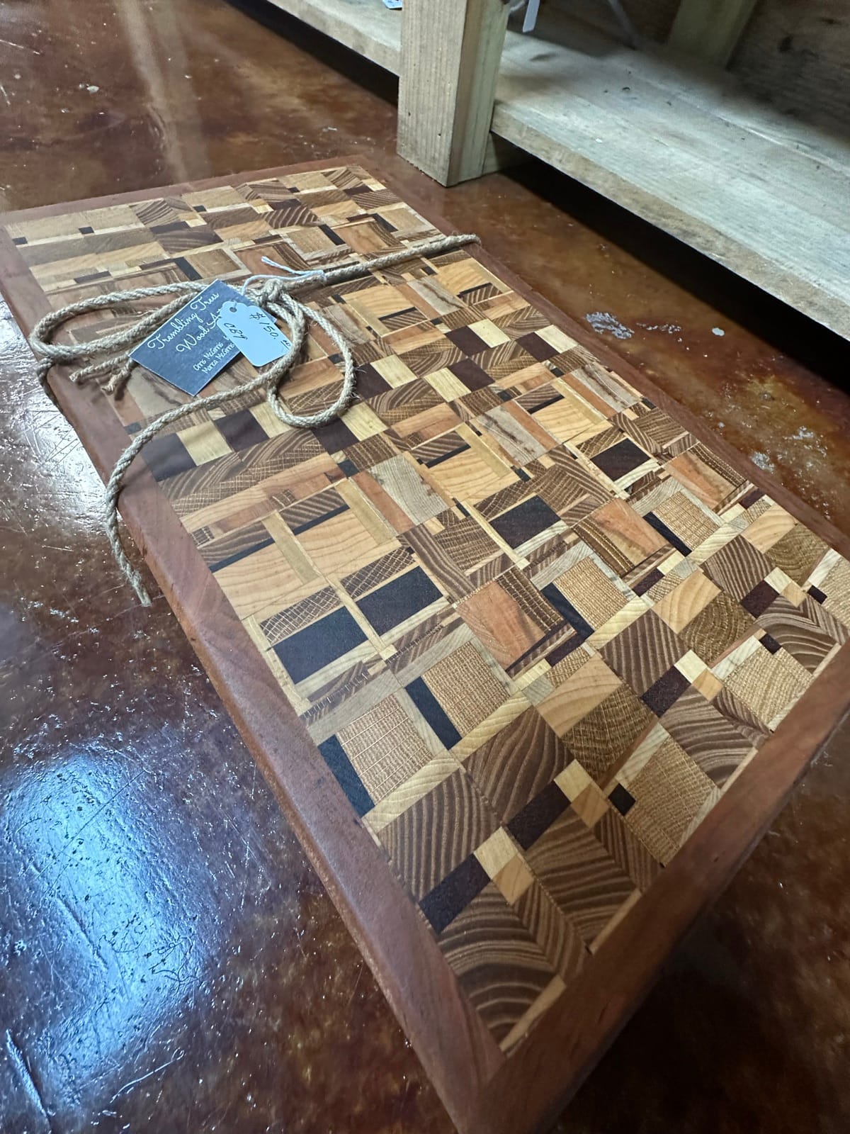 End-grain cutting board with geometric pattern from Trembling Trees Wood Art at Triangle Trading Post