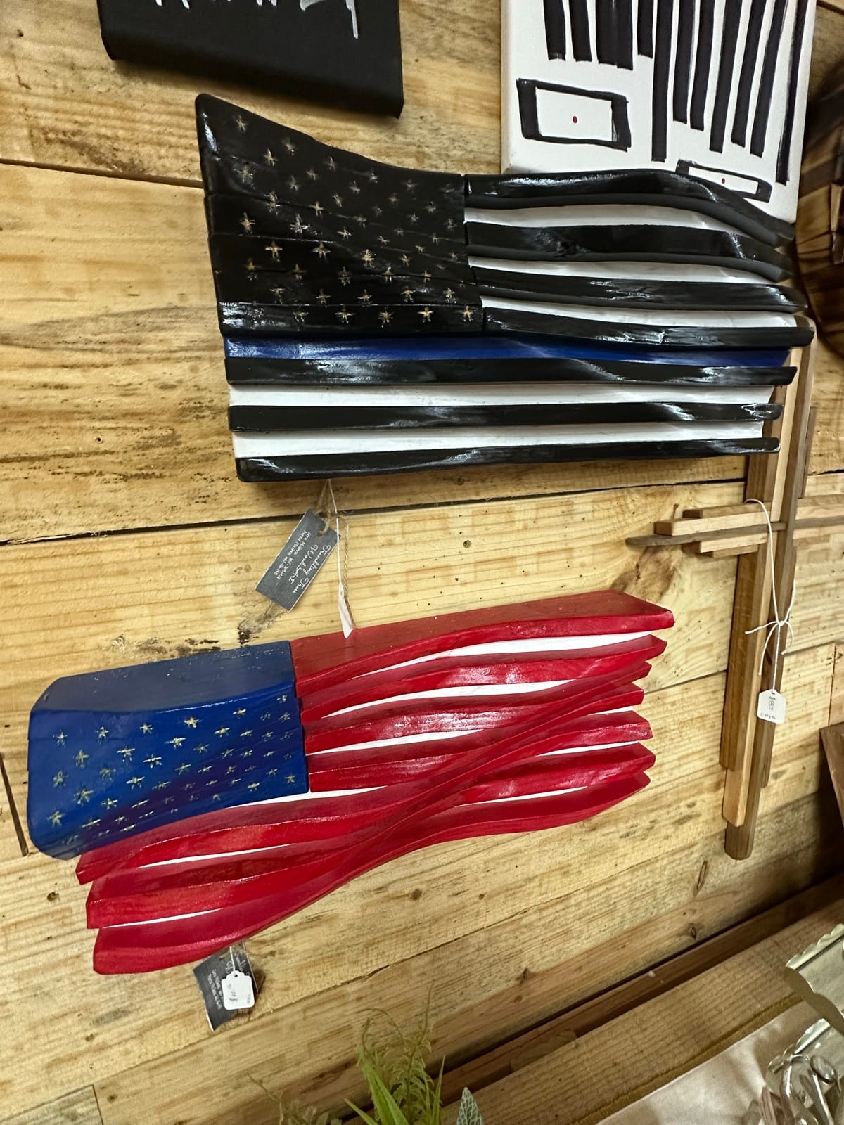 Carved wooden American flags from Trembling Trees Wood Art