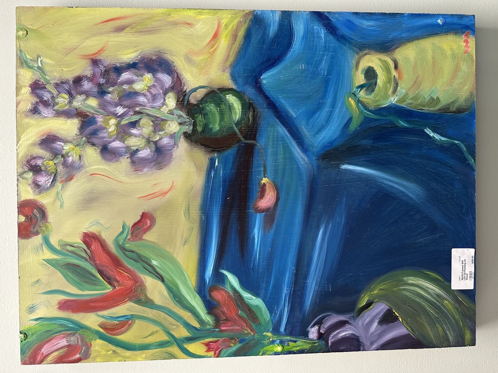 Colorful oil painting with flowers in blue, yellow, and red by Whitney Matthews