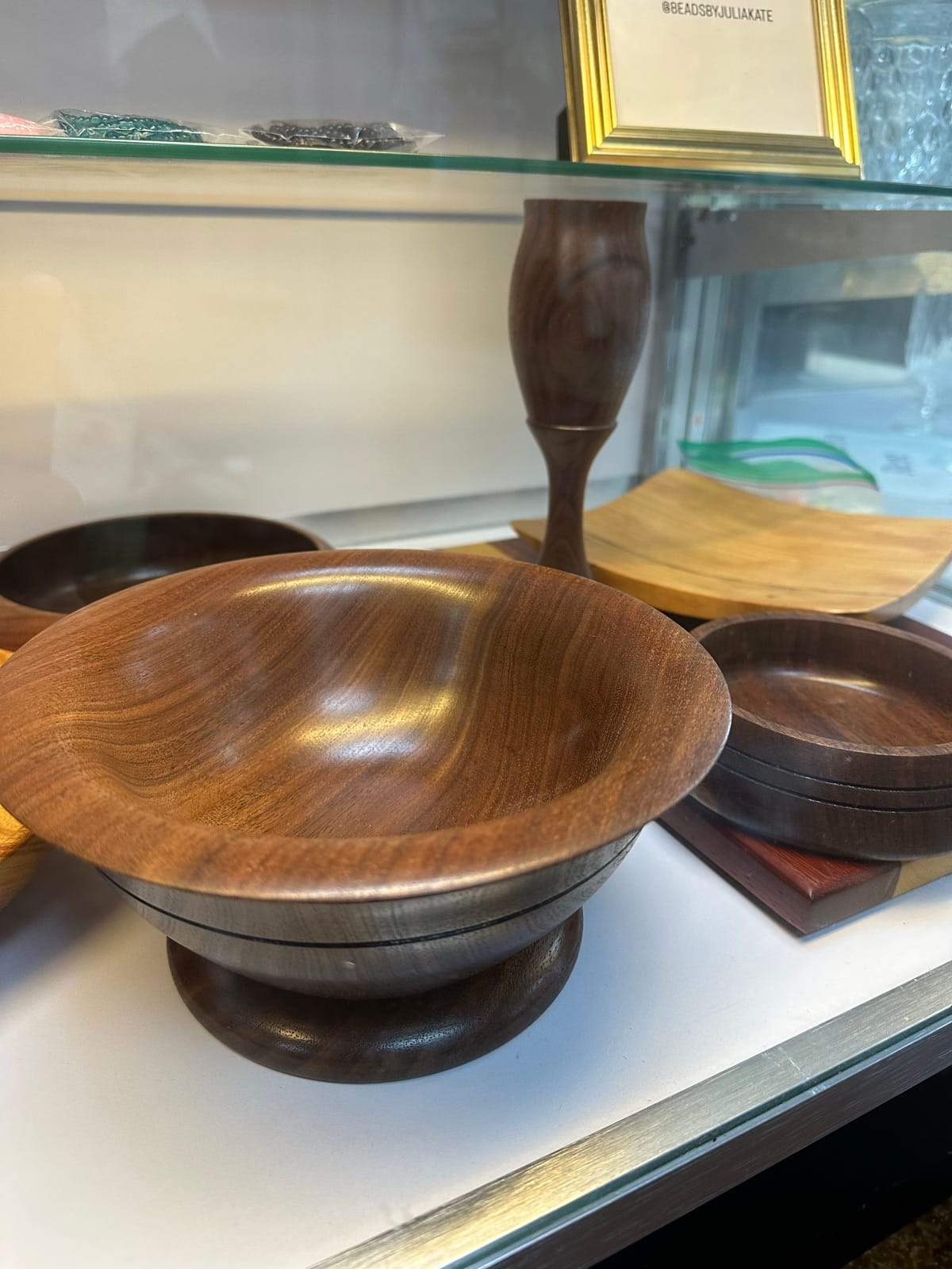 Turned walnut bowls on display from Woodstock by Ken Martin