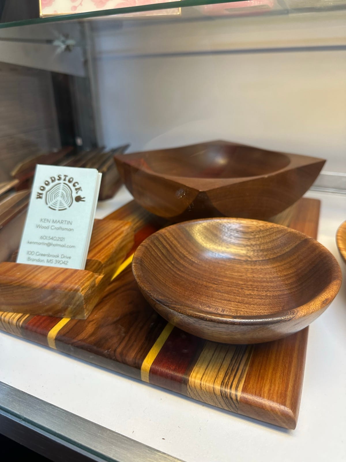 Wooden bowls and box turkey calls with Woodstock business card