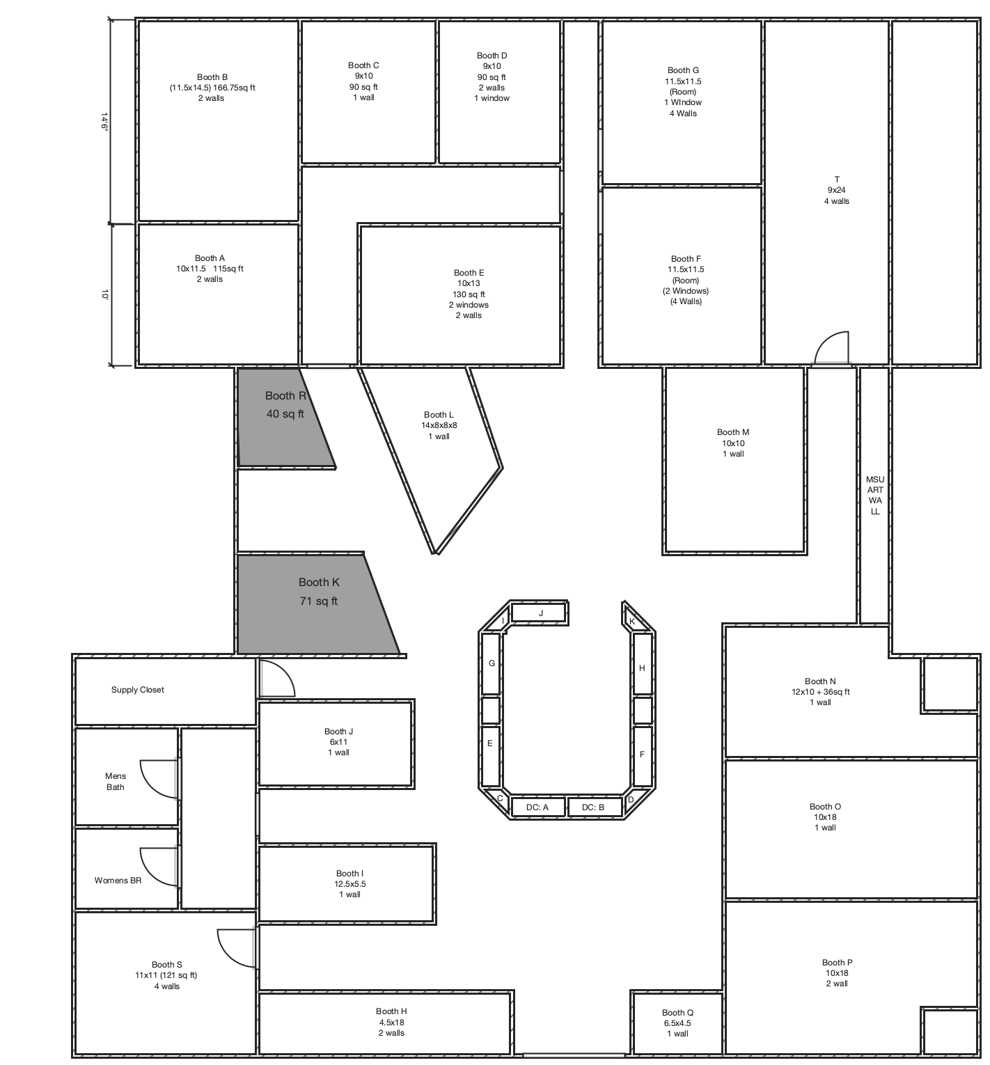 Floor plan of Triangle Trading Post showing vendor booths labeled A through T arranged around the perimeter, with central display cases, supply closet, restrooms, and MSU art wall. Booth sizes are labeled with square footage and dimensions; two smaller booths (K and R) are shaded.